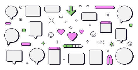 Pixel art speech bubbles. 8 bit text boxes with hearts, arrow and sparkles. Rectangle and round chat frames. Dialog balloon icons in retro 90s style. Digital message borders. Vector set illustration.