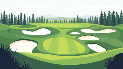 Beautiful Golf Sport Field Nature Landscape with Mountains View and Pine Trees in Bright Sky