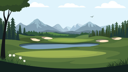 Obraz premium Beautiful Golf Sport Field Nature Landscape with Mountains View and Pine Trees in Bright Sky