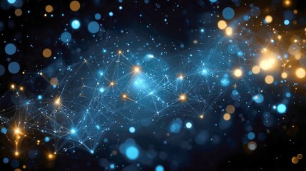 Abstract Network Connections: Digital Universe, Cosmic Web, Cyber Space, Futuristic Technology, Glowing Nodes, Mesh Network, Starry Galaxy, Blue and Gold Lights, Abstract Art Background