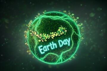 A green globe with glowing veins of rivers and forests, encircled by floating text "Earth Day" made of leaves.