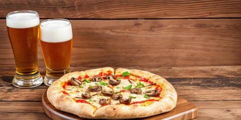 Thick crust pizza topped with mushrooms, paired with a cold glass of beer, pairing, traditional, thick crust