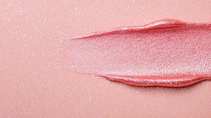 Fototapeta premium Peach Lip Gloss Swatch With Glitter On Pink Background