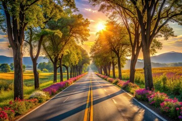 Obraz premium Asphalt road lined with blossoming trees at sunset, bathed in golden sunlight, creating a scenic and peaceful drive through nature's vibrant landscape