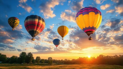 Obraz premium Colorful Hot Air Balloons Over Scenic Landscape