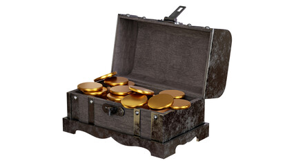 open small wooden treasure chest box with gold coins metal edge front view 3D rendering