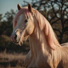 Obraz premium A majestic palomino stallion with a flowing pastel pink mane, standing proudly, golden coat shining under soft light against a clean background.