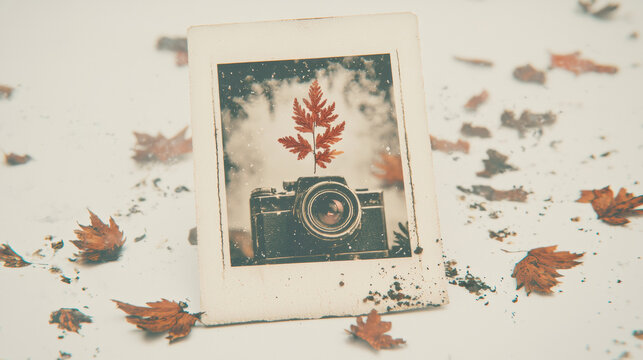 Polaroid picture of vintage camera with red leaf on top, surrounded by autumn leaves and dirt, evokes nostalgia and beauty of nature