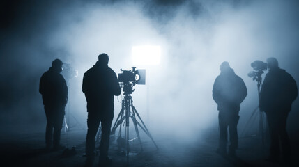 Fototapeta premium Film crew silhouettes in atmospheric foggy setting with bright backlight