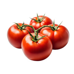 Ripe tomatoes with bright red skin lying on a flat surface, showcasing their smooth texture and vibrant color, isolated on white background