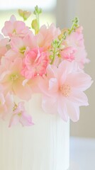 A beautifully decorated white cake adorned with delicate pink flowers in soft natural lighting.
