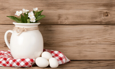 Fototapeta premium Rustic Still Life with White Ceramic Jug, Fresh Green Leaves, Small White Flowers, Checkered Cloth, and Fresh Eggs on Wooden Background