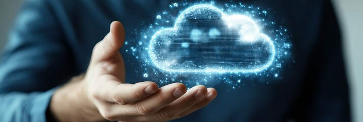 A futuristic visualization of cloud and edge computing technology, featuring a large glowing cloud icon on the right, symbolizing centralized data storage. Interconnected polygonal nodes and minimalis