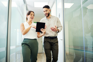Tablet, business people and walking in office, advice and conversation with creativity. Employees,...