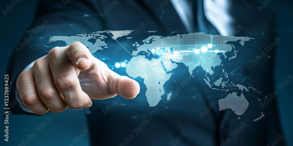 Fototapete hand reaching toward a digital world map interface. global connection and data transfer concept in a
