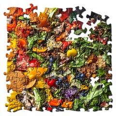 Colorful Collection of Fresh Vegetables and Fruits Puzzle Pieces on White Background