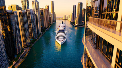 Luxury Cruise Ship Sailing Through City Canal at Sunset Aerial View