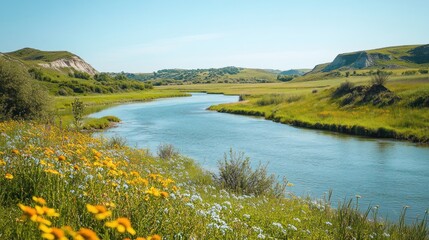 Fototapeta premium A serene river flows through lush green hills and blooming wildflowers under a clear sky.
