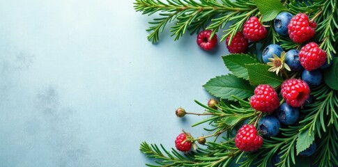 Evergreen branches wrapped with a mix of blue berries and raspberries, flowers, raspberries