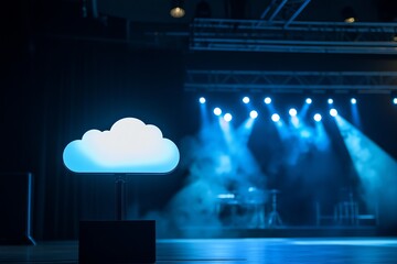 A futuristic visualization of cloud and edge computing technology, featuring a large glowing cloud icon on the right, symbolizing centralized data storage. Interconnected polygonal nodes and minimalis