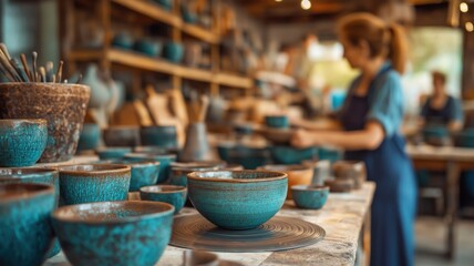 Female artisan creating ceramic pottery in rustic workshop setting