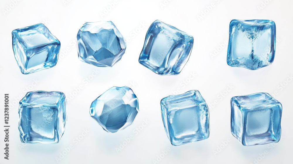 Poster game asset of blue ice crystal buttons, cartoon vector set. menu interface of iced textured blocks a
