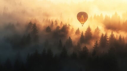 Hot Air Balloon Gliding Over Misty Forest at Sunrise