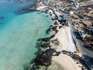 하늘에서 드론으로 촬영한 바다풍경 제주 제주시 구좌읍 세화리 세화해수욕장