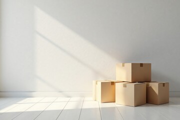 Sunlit Cardboard Boxes Resting on Light Wood Floor Against a White Wall