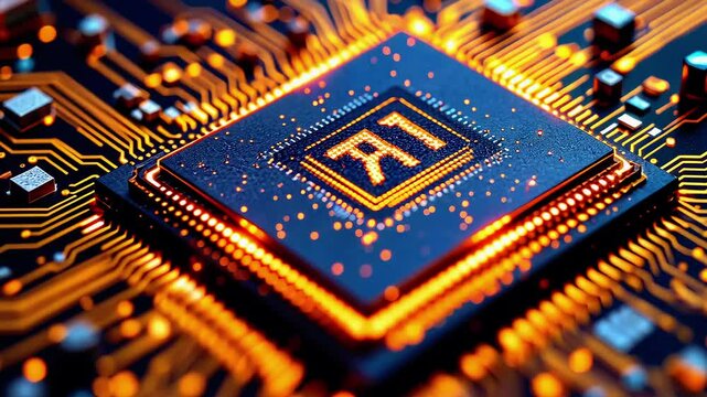 Close-up view of a microprocessor with intricate circuitry, glowing lights, and a dark background
