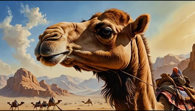 Close-up of a camel in the desert with hills in the background and a clear sunny sky
