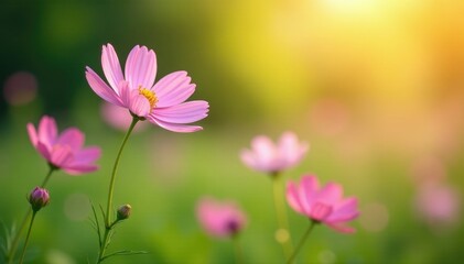 Soft pink cosmos flowers swaying gently in morning breeze, wavy, morning, green