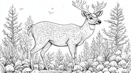 A deer happily prancing through the snow, outlined for coloring. A festive Christmas and winter animal illustration