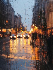 Naklejka premium Water droplets on a window create a captivating interplay of soft light and reflections, evoking a mood of introspection.