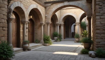 Obraz premium Stone arches and doorways in a traditional courtyard , historic, doorway, courtyard