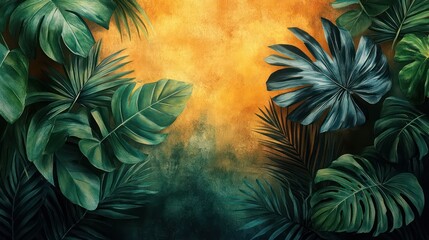 Tropical Paradise: Lush Greenery Against a Warm Golden Background
