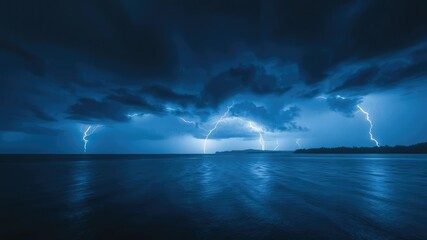 Stormy lake night with blue lightning over the water's surface, glowing mushrooms, misty atmosphere