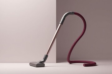 A rose gold vacuum cleaner with a burgundy hose rests elegantly against a minimalist backdrop, ready for effortless cleaning