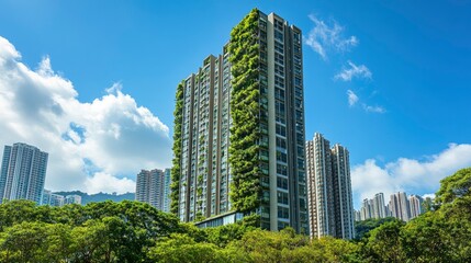 Obraz premium A tall building in Hong Kong with green trees growing on the side of it, a blue sky with white clouds