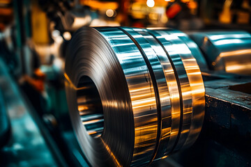 Obraz premium Steel coils in factory, industrial background