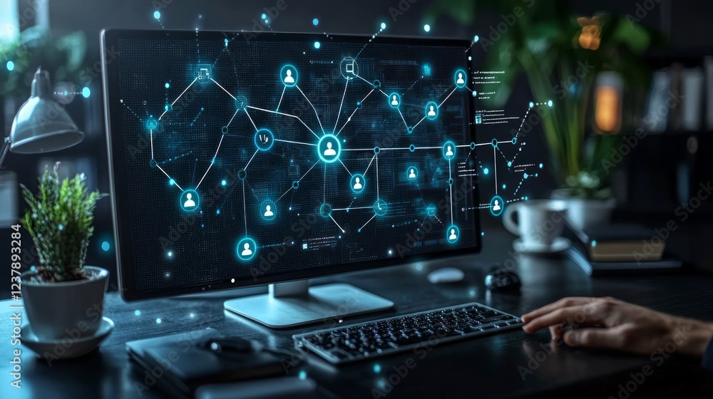 Poster global network visualized on computer screen, person working in office, plants in background. use te