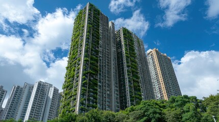 Fototapeta premium A tall building in Hong Kong with green trees growing on the side of it, a blue sky with white clouds