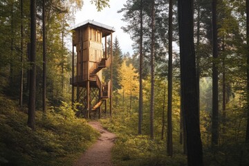 Minimalist forest trail leading to wooden lookout tower in lush greenery