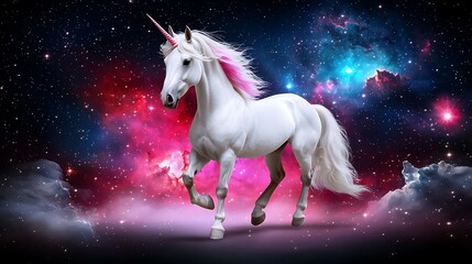 Fairytale castles and unicorns concept, A majestic unicorn stands in a vibrant, cosmic background filled with stars and colorful nebulae.