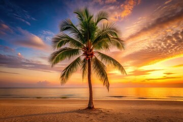 Tall palm tree stands alone on a sandy beach at sunset with the warm orange glow of the sky reflected in its leaves, sand, serene, outdoor, greenery, island
