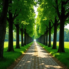 Tall trees casting dappled shadows on the worn cobblestone, earthy, nature, dirt path