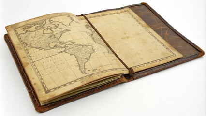Tattered and worn leather-bound map with yellowed pages and faded ink, old map, dusty, sailing, navigation, waves