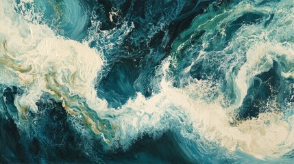 Aerial view of the swirling waters and frothy waves in an ocean, creating dynamic patterns of turquoise, green, and white, with a focus on texture and movement, 