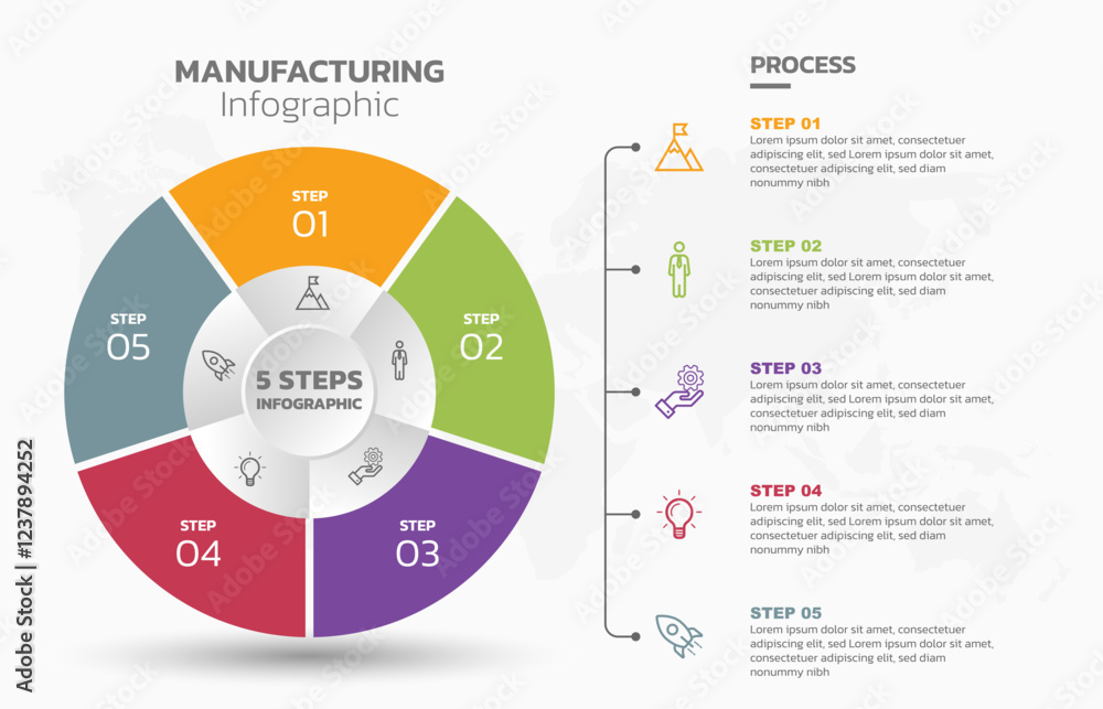 Poster Visual data presentation. Cycle diagram with 5 options. Pie Chart Circle infographic template with 5 steps, options, parts, segments. Business concept. Editable pie chart with sectors. Single layer.