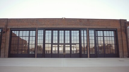 Fototapeta premium Industrial warehouse exterior with large metal-framed windows, wide doors, and rugged brickwork under a clear sky